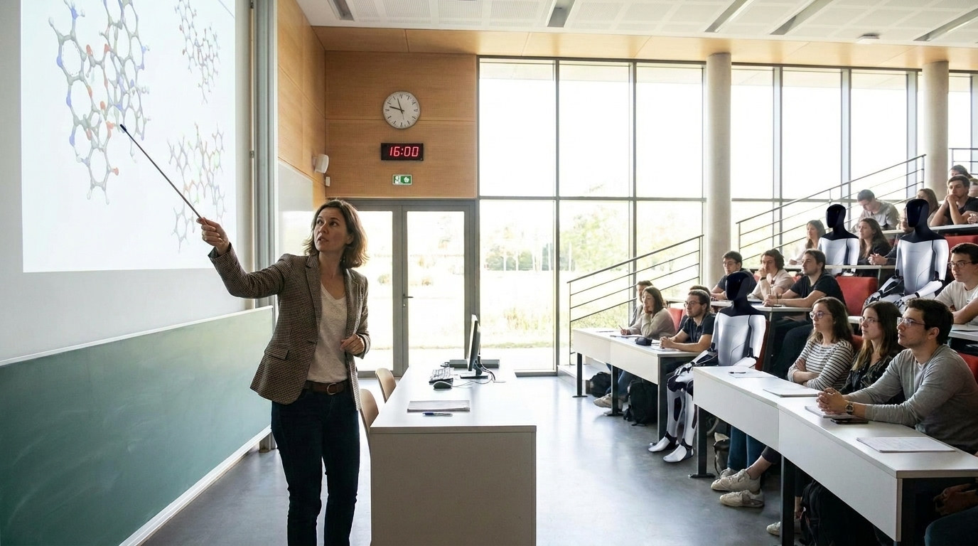 A professor lecturing to a hall of students and humanoid robots